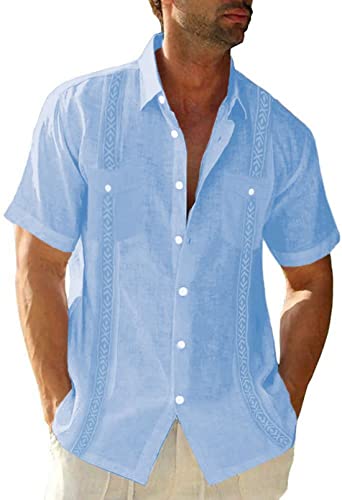 Camisa de lino Guayabera de manga corta para hombre, camisa de algodón cuba, camisa de verano, camisas casuales con cuello abotonado, camiseta informal para hombre, A: azul claro, L