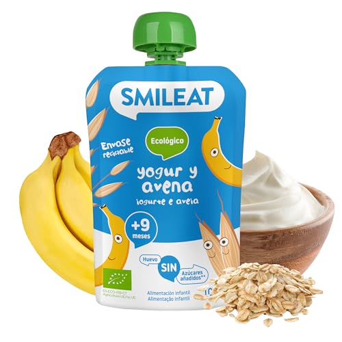 Smileat - Pouch Ecológico de Yogur y Avena, Ingredientes Naturales Bebibles, Para Bebés a Partir de los 9 Meses - 100g