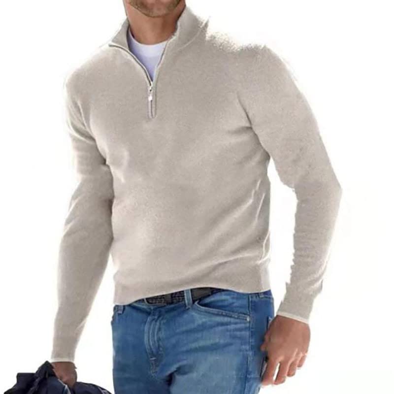 Fiarenery - Suéter de cuello medio abierto con cremallera para hombre, suéter ajustado de cuello alto tipo polo de estilo casual, blanco crema, M