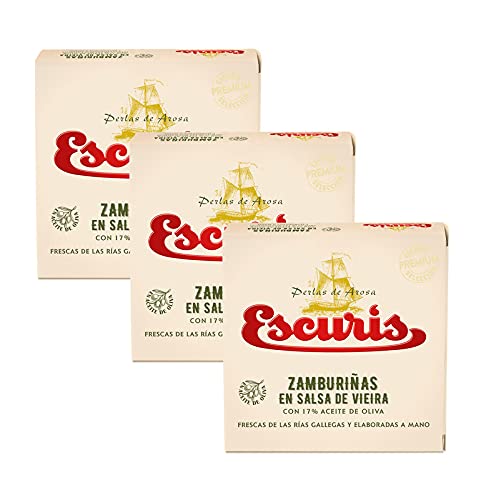 Zamburiñas en salsa de vieira con aceite de oliva (17%),frescas de las Rías Gallegas y elaboradas a mano en pack de 3 latas con formato RO-120 y peso neto 111gr. (c/u)