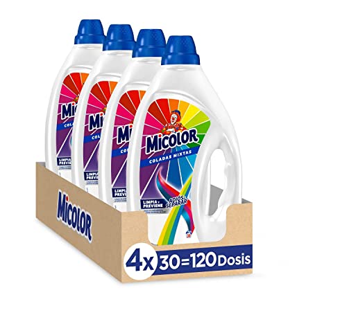 Micolor Gel Adiós Al Separar (pack de 4, total: 120 lavados), detergente líquido para lavadora con tecnología antitransferencia de colores, jabón para ropa de color