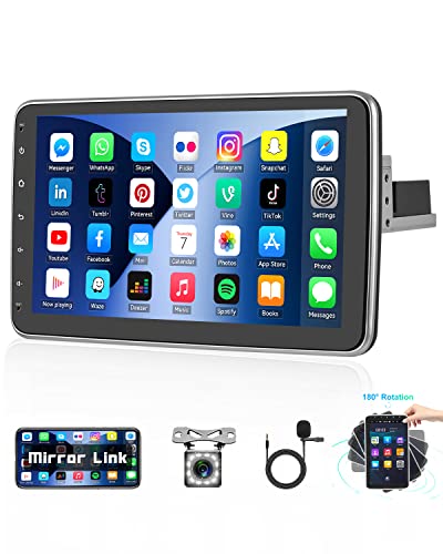 Hikity 2+64GB Android Radio Coche Bluetooth 1 DIN con 10 Pulgadas Pantalla Táctil Giratoria de 180º Autoradio Bluetooth con GPS WiFi SWC/USB/FM/RDS/AUX/Mirror Link + Cámara de Visión Trasera