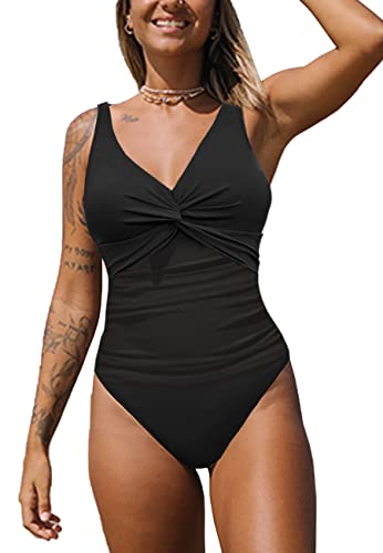 NLAND Bañador para Mujer en V Fruncido Traje de Baño de Una Pieza Monokinis Natacióncon Relleno Elegante para Mujer(Negro,S)