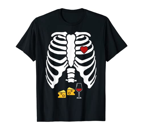 Esqueleto Embarazo Queso Vino X-Ray Camiseta de Halloween Camiseta