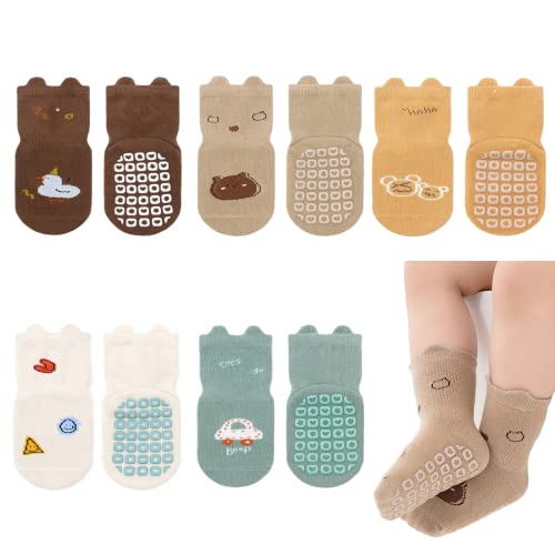QIYIENDIAN Calcetines de dibujos animados con agarre, 5 pares de calcetines de algodón antideslizantes para bebés, niñas y niños (1-3años,Oso)