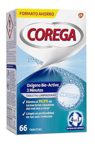 Corega Oxígeno Bio-Activo, Tabletas Limpiadoras Para Prótesis Dentales, Limpieza en Profundidad en 3 minutos, 66 Tabletas