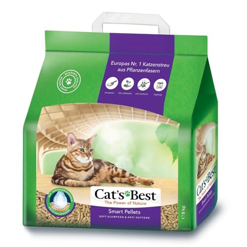 Cat's Best Arena para Gatos Aglomerante Smart Pellets, Tierra para Gatos de hasta 7 Semanas de Uso, Lecho para Gatos Natural Absorbente, 5 kg