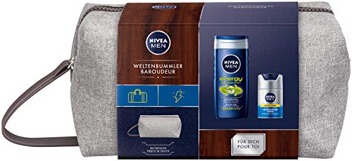 NIVEA MEN Weltenbummler Set de regalo con neceser para hombres con gel de ducha y crema de cuidado facial, set de viaje para el hombre cuidado