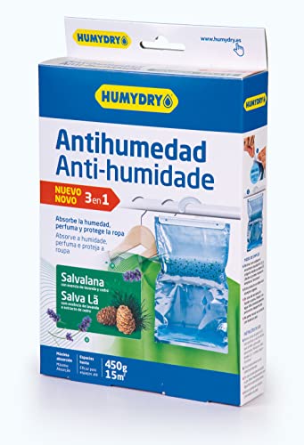 Percha antihumedad Salvalana Humydry 450g. Absorbe humedad y ambientador aroma lavanda y cedro. Protege tu ropa y ambienta el armario.