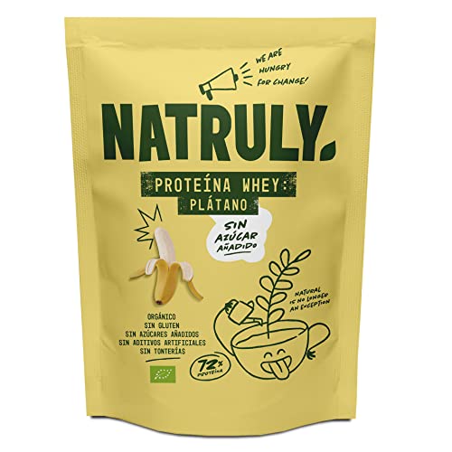 Proteína Whey Plátano NATRULY 72% Proteína de Suero de Leche de Vacas de Pastoreo Sin Azúcar, 100% Natural, Sin Gluten –350g