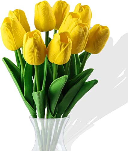 Flores de tulipán Artificiales,10 Piezas Real Touch Artificial Látex Tulipanes Flores Tulipanes Falsos Flores Ramos de Boda Flor Tulipán para Boda Hogar Jardín Decoración (Yellow)