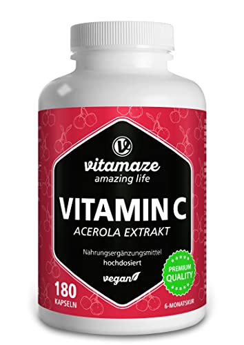 Vitamina C Acerola de Dosis Alta, 160 mg Vitamina C Natural, 660 mg de Extracto de Acerola, Vegano y Óptimamente Biodisponible, 180 Cápsulas para 6 Meses, Suplemento sin Aditivos Innecesarios…