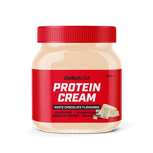 BioTechUSA Protein Cream, con trozos crujientes de arroz y maíz, proteína de suero de leche, sin azúcares añadidos, con edulcorante, 400 g, Chocolate blanco