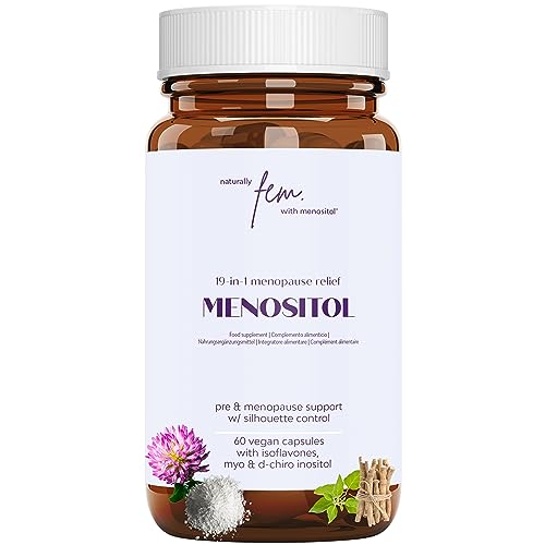 FEM Menositol 19-en-1, Controla la Menopausia con Inositol Myo & D-chiro e Isoflavones (no de soja), Mantiene la salud metabólica, Controla Colesterol, Sofocos, Silueta, Sin soja o estrogeno