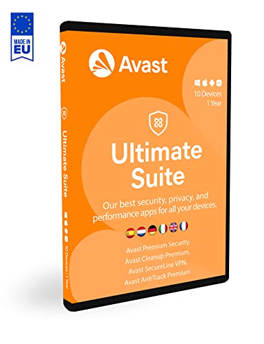 Avast Ultimate 2023 - Antivirus Avast Premium Security con Avast SecureLine VPN, Avast Cleanup Premium y Avast AntiTrack | 10 Dispositivos | 1 Año | En Caja | PC/Mac