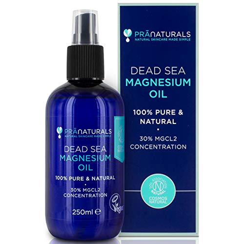 PraNaturals Dead Sea Magnesium Oil Spray 250ml, Certificación de Cosmos Natural, Vegan y Soil Association.