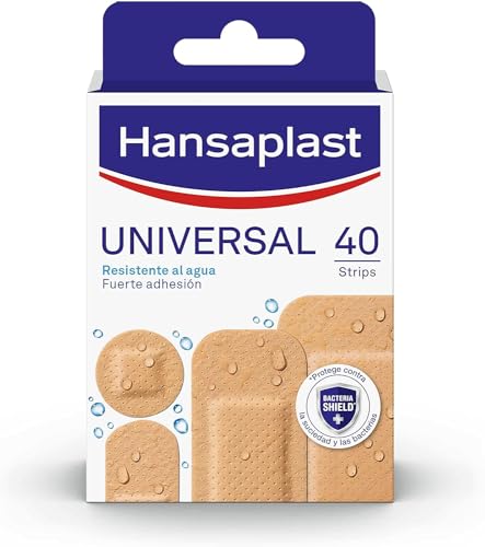 Hansaplast Universal 40 surtido (4 tamaños), apósitos resistentes al agua que repelen la suciedad, apósitos para heridas, tiras adhesivas con Bacteria Shield, 1 x 40 ud