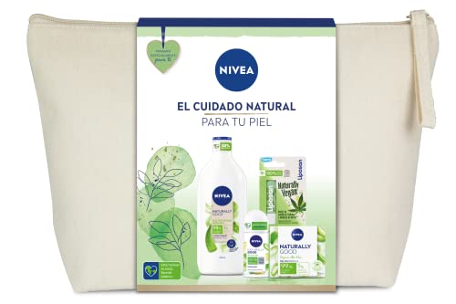 NIVEA Neceser Naturally Good Cuidado Natural con Aloe Vera Loción Corporal Hidratante (1 x 350ml), Crema de Día Facial (1 x 50ml), Desodorante Roll On  (1 x 50ml) y Bálsamo Labial 1 x 4,8g)