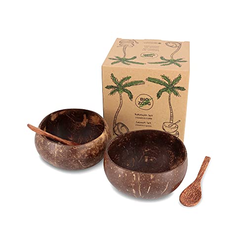 BIOZOYG Set de 2 cuencos de coco con cucharas I Jumbo Bowl I 700-800 ml I 100% artesanal I reutilizable I biodegradable I cuenco de cáscara de coco pulido con aceite de coco