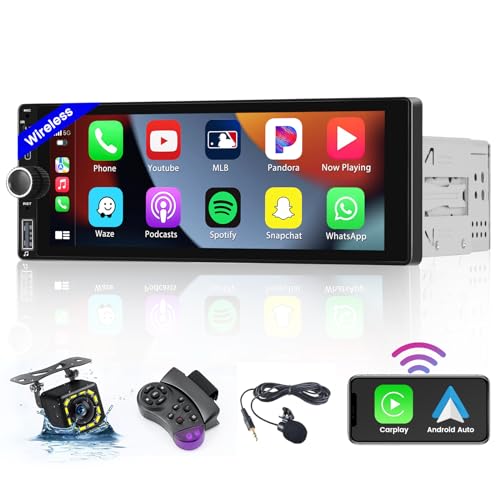 Hikity Inalámbrico Apple CarPlay Radio de Coche Bluetooth 1 DIN con 6,9 Pulgadas Pantalla Táctil Autoradio 1 DIN con Android Auto Inalámbrico FM EQ USB Mirror Link Mic Cámara de Visión Trasera