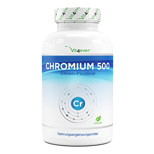 Picolinato de Cromo - Dosis extra alta de 500 mcg de cromo por comprimido - 365 comprimidos - Sin aditivos no deseados - Dosis alta - Vegano