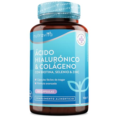 Colageno + Acido Hialuronico Capsulas - Colágeno Hidrolizado y Ácido Hialurónico con Vitamina C, D, B12, A + Biotina + Zinc + Selenio - para la Piel, las Uñas y el Cabello - 180 Cápsulas - Nutravita