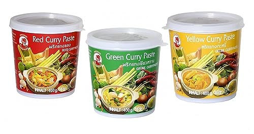 Cock Brand - set de degustación de pastas al curry - paquete de 3 (3 x 400 g) - 3 variedades, 1 lata de pasta de curry roja, verde, amarilla