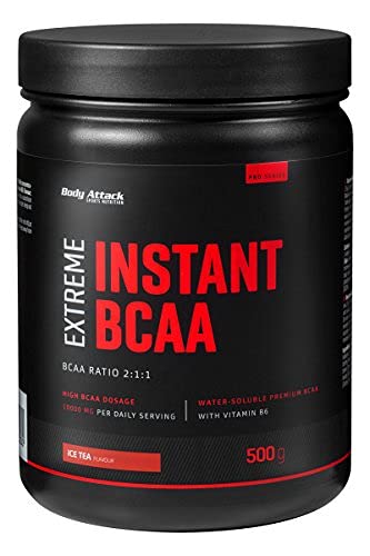 Body Attack - Extreme Instant BCAA Powder, 500g para 38 batidos con 10000 mg de BCAA, delicioso, soluble al instante, vegano, proporción de BCAA 2:1:1 (L-Leucina : L-Valina : L-Isoleucina), té helado