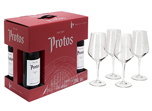 Bodegas Protos - Estuche 4 botellas Protos Crianza 2018 con 4 copas de vino, vino tinto 100% Tempranillo, Estuche de vino para regalar
