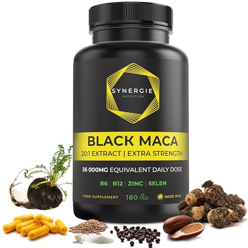 Maca Negra - Extra Fuerte 20:1 Extracto de Raíz de Maca Negra: 32.000 mg Lepidium Meyenii por Día con B6, B12, Selenio, Zinc. 180 Cápsulas. Black Maca por Synergie Nutrition