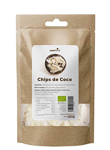 Carefood - Chips de Coco Ecológicas - 150 g - Apto para Veganos - Rico en Vitaminas, E, C y B - Ayuda a Mantener el Tono de los Músculos - Propiedades Altamente Energéticas - Aperitivo Natural y Sano