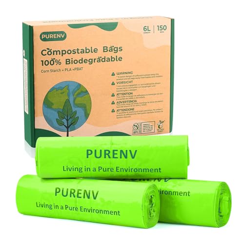 PERNUV 150 Bolsas de Basura Biodegradables, 6L Bolsas Hecho de Almidón de Maíz, Durable y a Prueba de Fuga, con Certificación EN13432