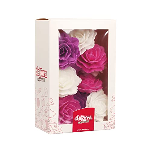 Dekora - Caja de 15 Rosas de Oblea para Decorar - Flores Comestibles para Tartas - Decoración Tarta Cumpleaños de Oblea - Colores Surtidos - 7 cm