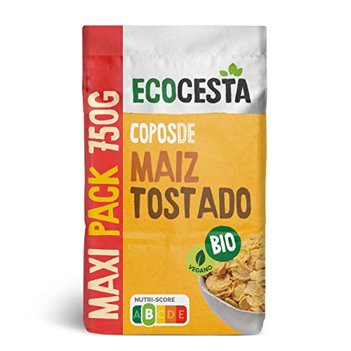 Ecocesta - Copos Ecológicos de Maíz Tostado - Maxi Pack de 750 g - Alto Contenido en Fibra - Aporta una Dosis Extra de Energía - Cereales de Desayuno - Aptos para Veganos