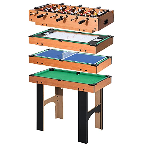 HOMCOM Mesa Multijuegos 4 en 1 Incluye Futbolín Air Hockey Ping-Pong y Billar Mesa de Juegos para Niños y Adultos 87x43x73 cm Natural