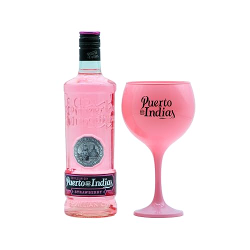 Puerto de Indias – Pack Ginebra de Fresa Premium + Copa de Cristal Rosa de Regalo – Pack Strawberry Premium Gin – 70 cl – 37.5º