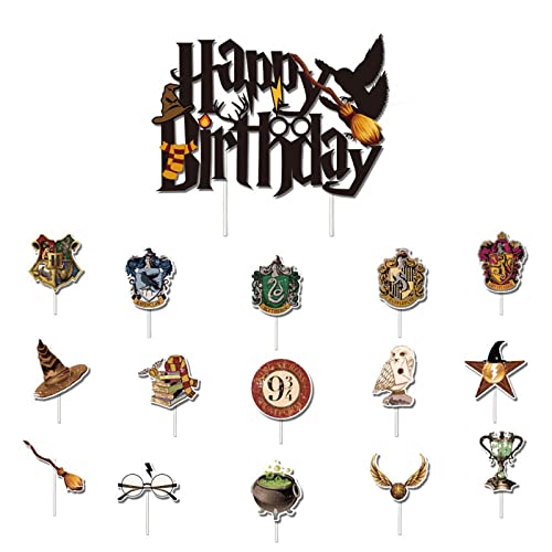 Decoración para Tartas de Harry Potter, 16 Piezas Decoración para Tartas Cumpleaños con 'Happy Birthday', Decoración para Fiestas de Cumpleaños de Niños y Niñas