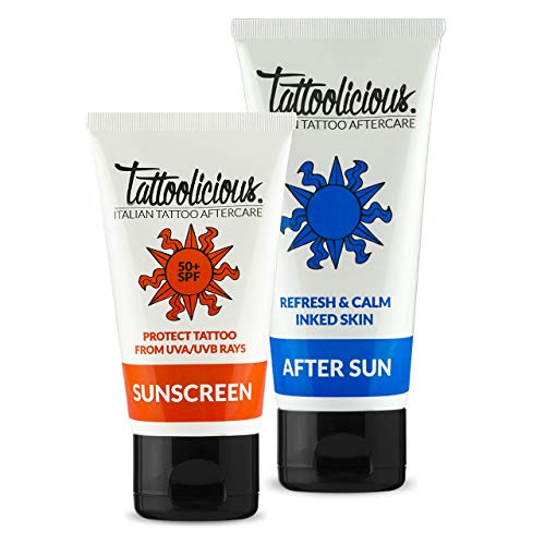 Tattoolicious COMBO SUN - SUNSCREEN 50+SPF Crema solar para tatuajes 75 ml + AFTER SUN Después del sol para tatuajes, 100 ml