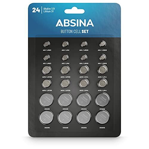 ABSINA Pack de 24 Pilas botón Alcalinas & Litio - 2X AG1 LR621 / 2X AG3 LR41 / 4X AG4 LR66 / 4X AG10 LR1130 / 4X AG13 LR44 / 2X CR2016 / 2X CR2025 / 4X CR2032 - Pila 1,5V & 3V - Baterías de botón
