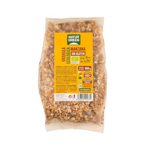 NaturGreen - Granola Manzana, Copos de Avena Tostados Bio, Cereales con Fruta, Desayunos Saludables, Sin Gluten - 350 g, Pack 6 unidades