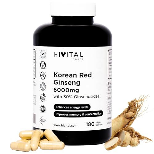 Ginseng Rojo Coreano 6000 mg. 180 cápsulas veganas para 6 meses. Con un 30% de Ginsenosidos por cápsula. Aumenta los niveles de energía, y mejora la concentración, la memoria y la resistencia atlética