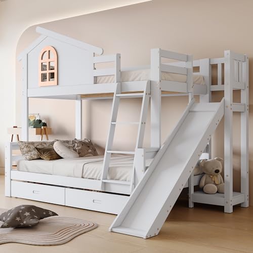 Litera con ventanas y escalera basculante de cuatro niveles, cama infantil y cama madre con tobogán, con dos cajones, marco de cama de madera maciza, color blanco, 90 x 200 cm y 120 x 200 cm