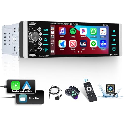 CAMECHO Radio de Coche 1 DIN Apple CarPlay Android Auto, Pantalla Táctil de 5.1 Pulgadas Autoradio con Bluetooth FM Mirror Link EQ SWC USB Voice Assistant+ Cámara Trasera