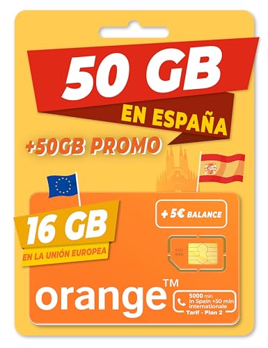Orange Spain - Tarjeta SIM Prepago 50GB en España| 5€ de saldo | 5.000 Minutos Nacionales | 50 Minutos internacionales | Activación Online Solo en www marcopolomobile com