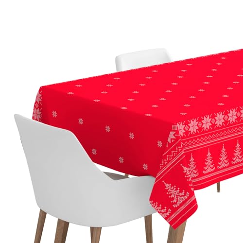 Mantel rojo de Navidad de papel con decorado de Copos de Nieve - 1,2 x 5 m