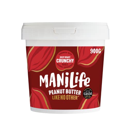 ManiLife Mantequilla de Cacahuete - Peanut Butter - Natural, de Origen único, sin Aditivos, sin Azúcar Añadida, sin Aceite de Palma - Crujiente Tostado Profundo - (1 x 900g)
