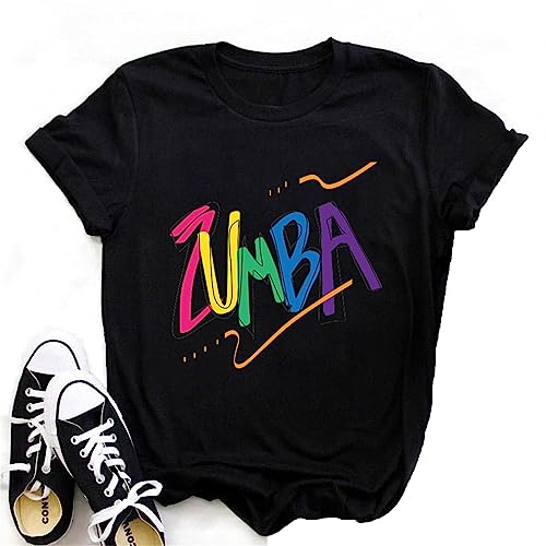 Camiseta para Mujeres Zumba Mangas Cortas Estampadas Manga Redonda Rollo Manga Casual Top para Zumba Clases Baile Fitness Training