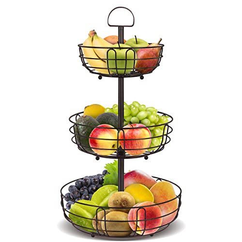 Cestas de frutas de 3 pisos, cocina de metal, de pie fruta, cesta de verduras, cesta de frutas extraíble para frutas y verduras pastel - bronce