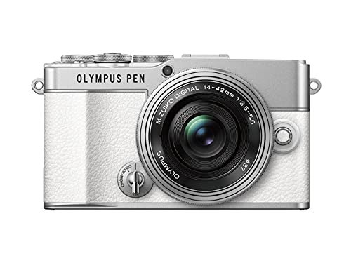 Kit de cámara Olympus Pen E-P7 Blanca, Sensor de 20 MP, LCD de Alta definición abatible, 4K, Wi-Fi, Control de Perfil Monocromo y del Color, Incluye M.Zuiko Digital ED 14-42 mm EZ Plata