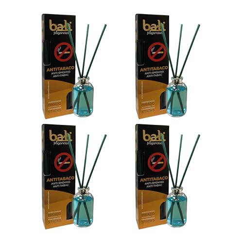 Pack de 4 Bali fragancias Ambientador Mikado ANTITABACO Difusor con varillas de ratán para tu salón, comedor o cualquier estancia de tu hogar, fragancias seleccionadas, Aromaterapia, Perfumado (30 ml)